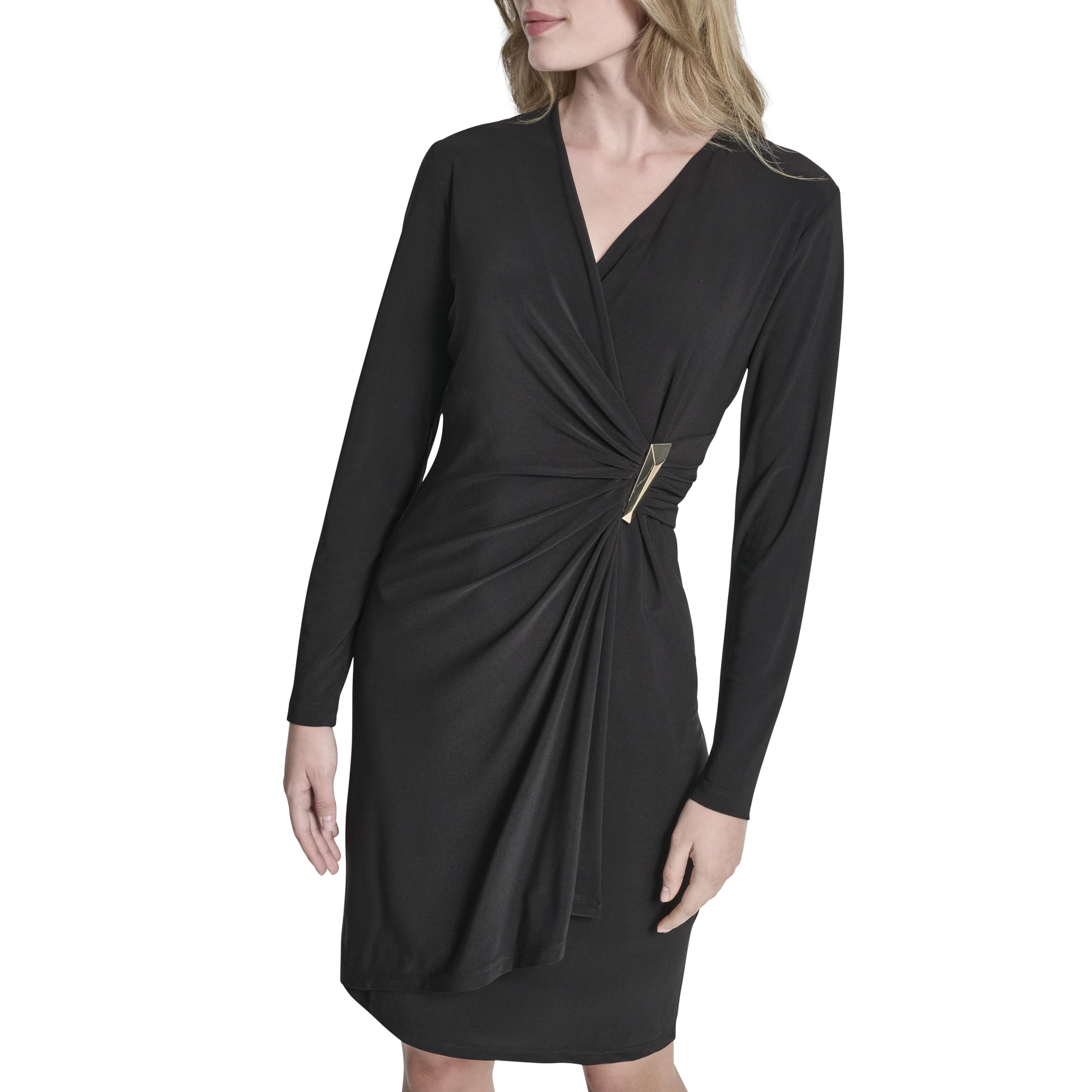 DKNY Women’s Long Sleeve Surplice Neck Sheath Dress, Black, 10
