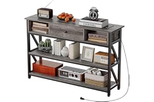 Mexin Console Table with Outlets and USB Ports, Entryway Table with Drawer Storage Shelves, Industrial Wood Hallway Sofa Table for Living Room, Couch, Foyer Table, 47 Inch Grey Oak