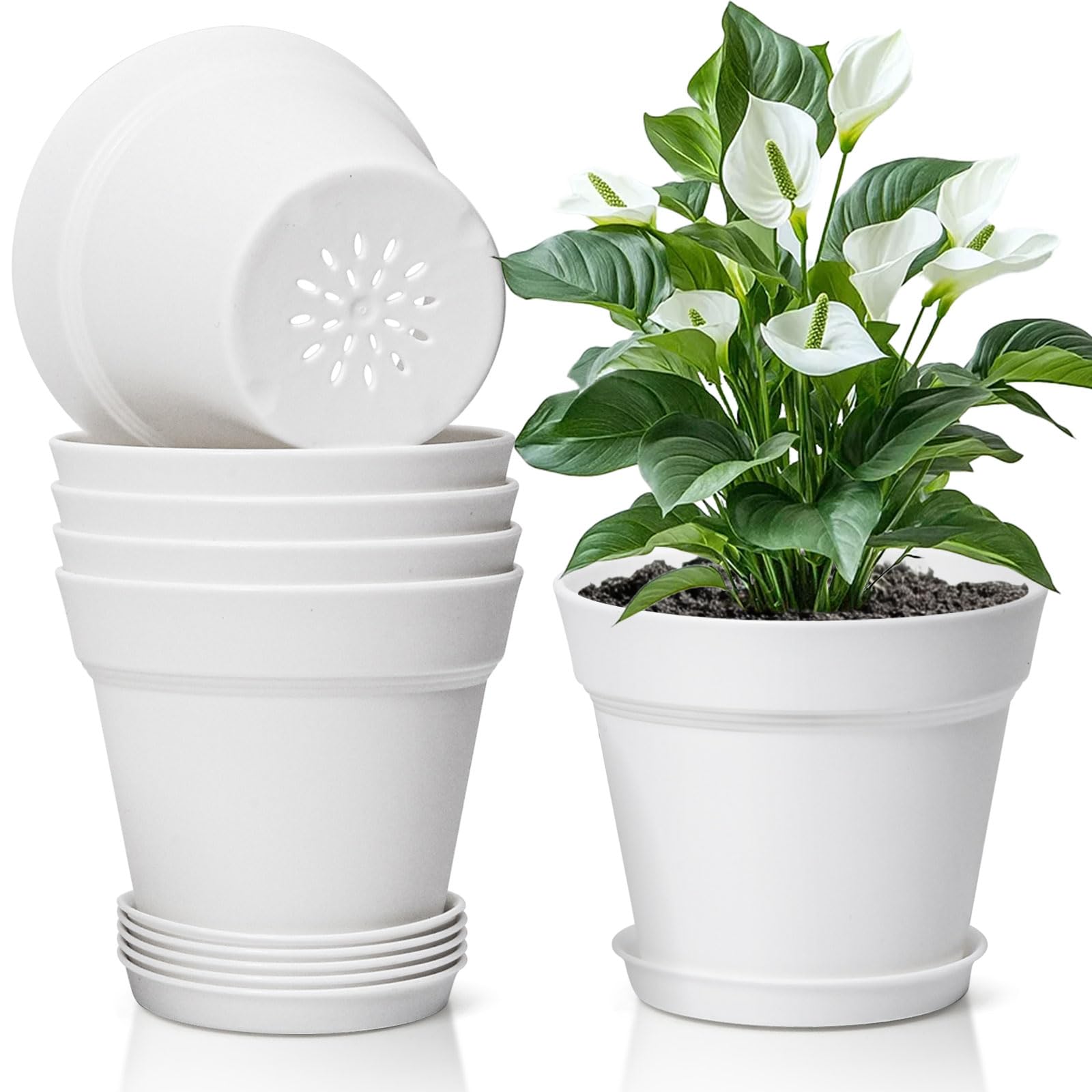 T4U 12.5CM Plastic Plant Pots 6-Pack, Small Flower Pot with Drainage Hole and Saucer, Classic Indoor Outdoor White Plant Pots for Succulent, Snake Plant, Aloe Vera and All House Plants