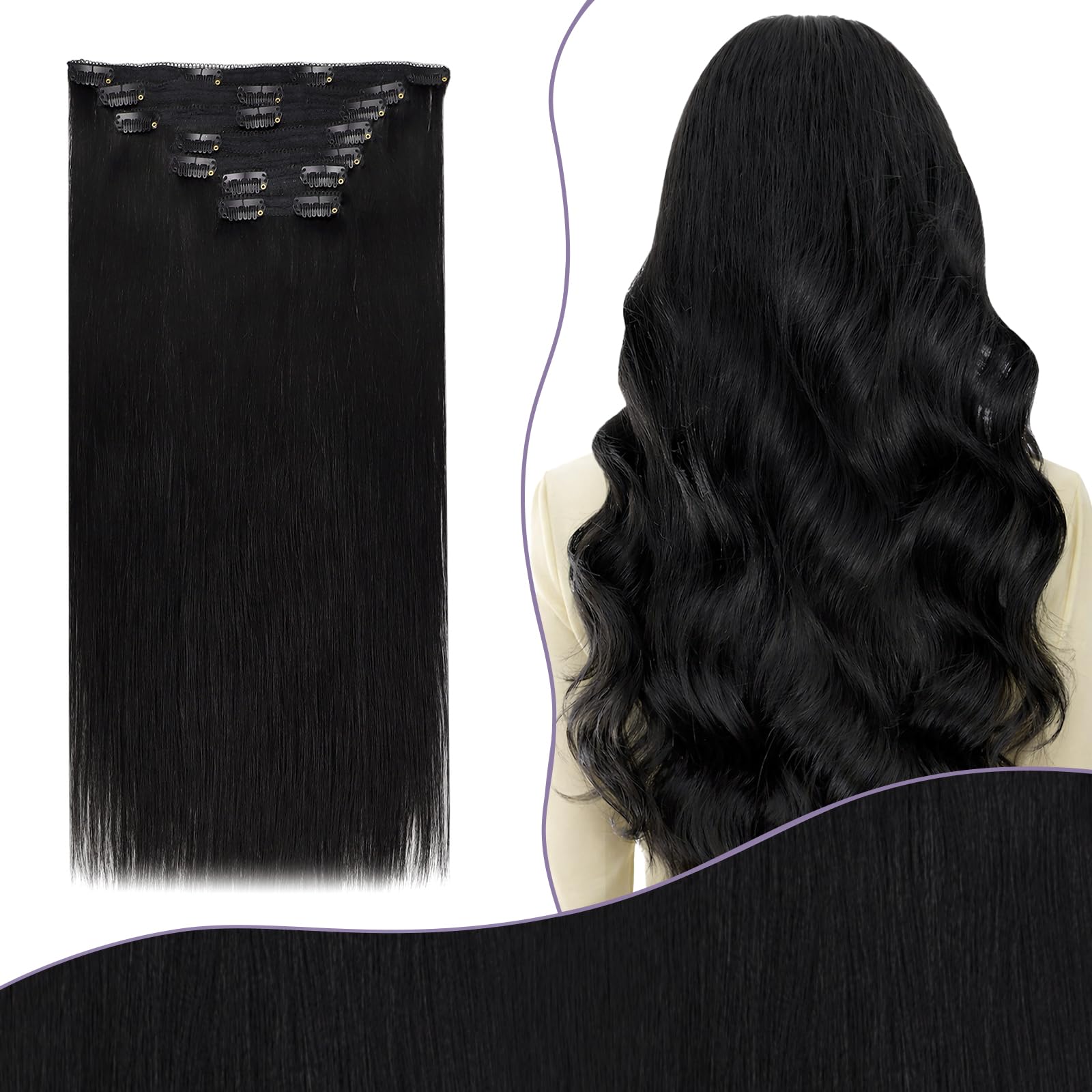 Fshine Clip in Human Hair Extensions Black 50.8cm Straight 120g 7pcs โ image 1