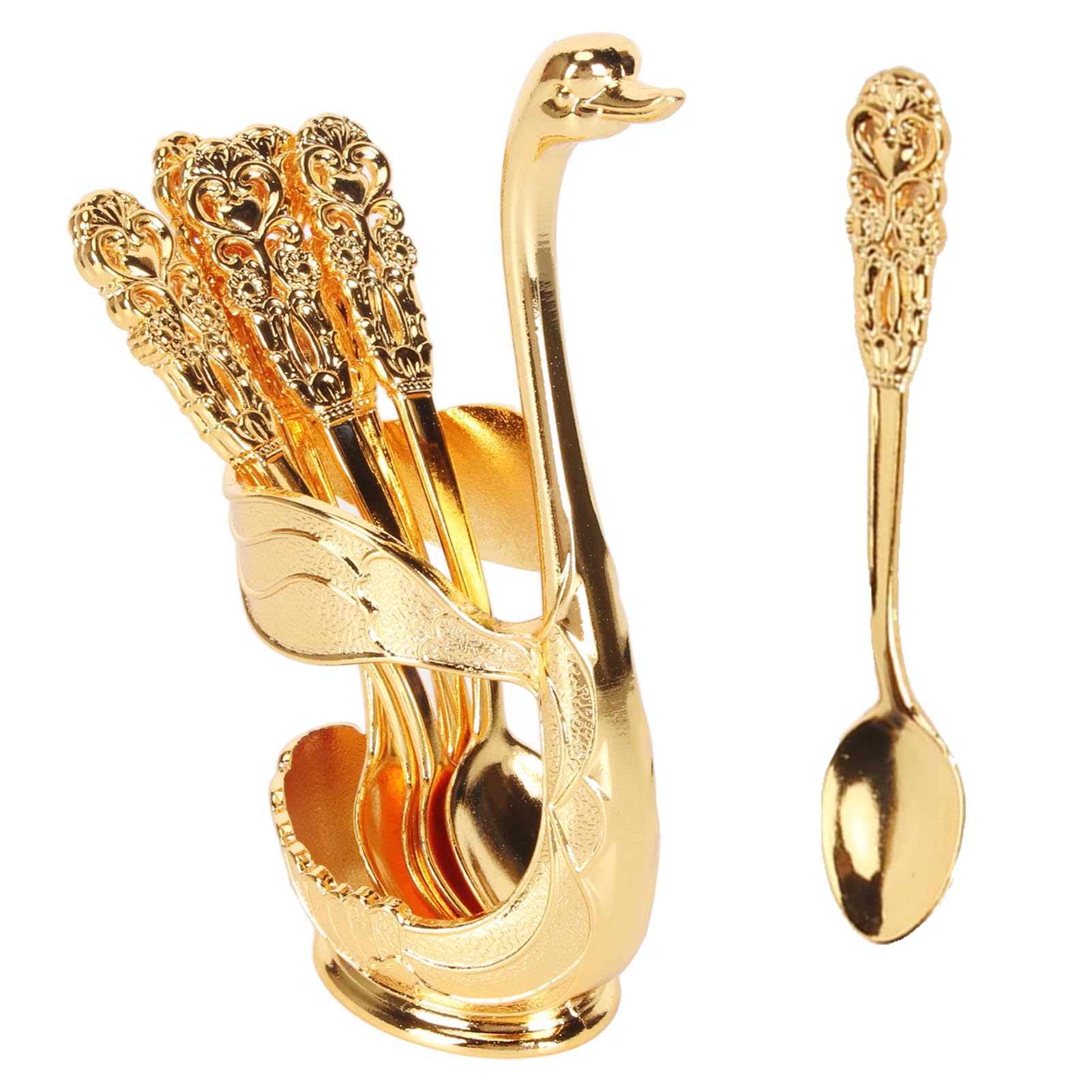 Gold Serving Spoons 6pcs Exquisite Dessert Spoon Set Decorative Sundae Spoons with Base Holder for Dessert Ice Cream Cake Golden