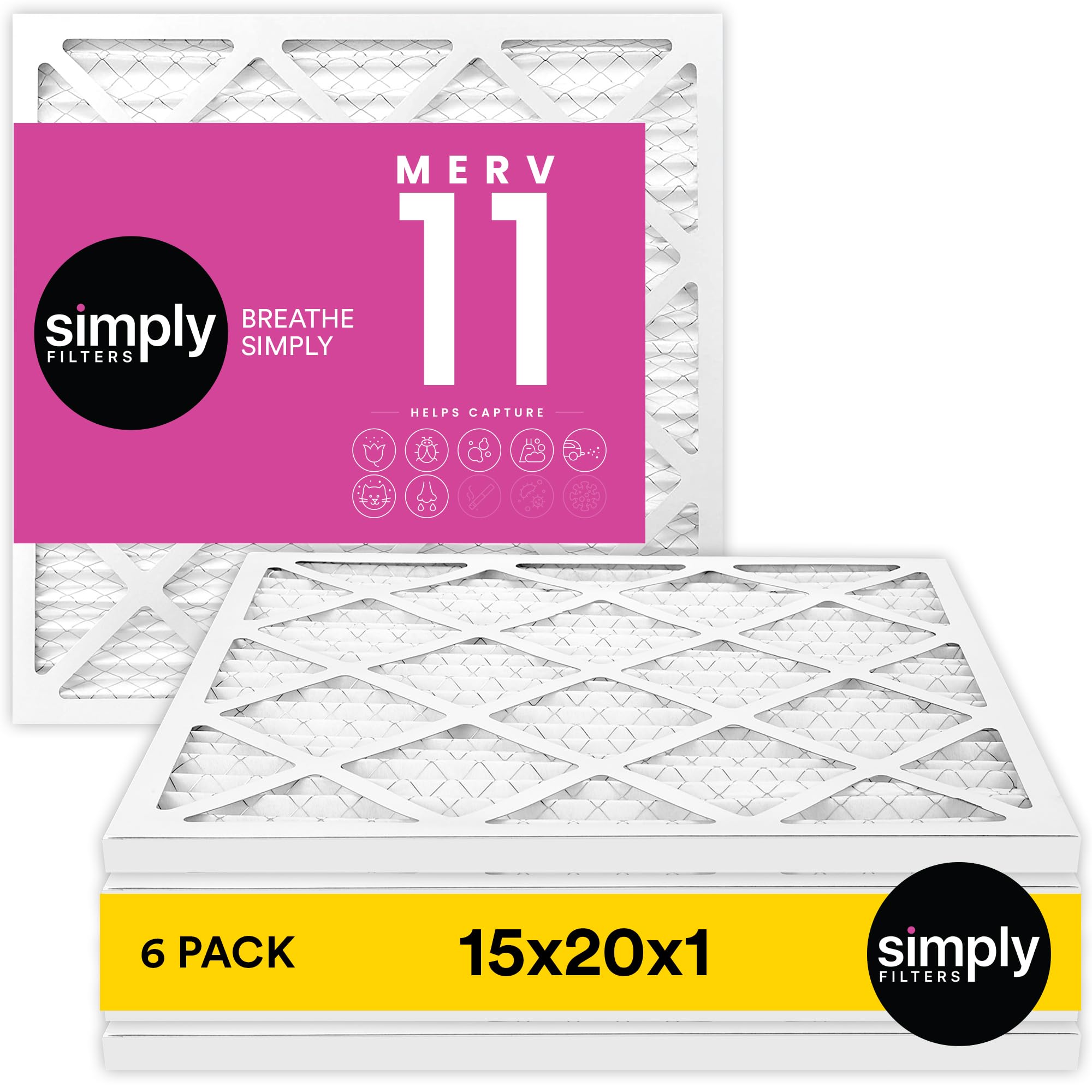 Simply 15x20x1 Air Filter, Merv 11, 6 Pack, For Home AC Furnace & HVAC (Actual Size: 14.75"x19.75"x0.75") DUST, Pet, & Allergy Control Image