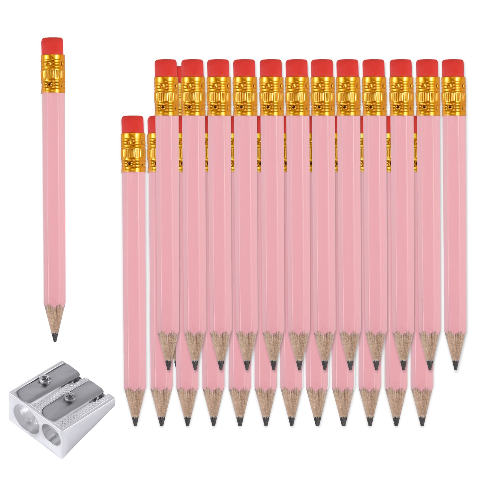 AIEX 25pcs Half Pencils With Eraser, 4 Inch/10cm Mini HB Hexagon Golf Pencil Set With Sharpener for Kids School Office Baby Shower Wedding (Pink)