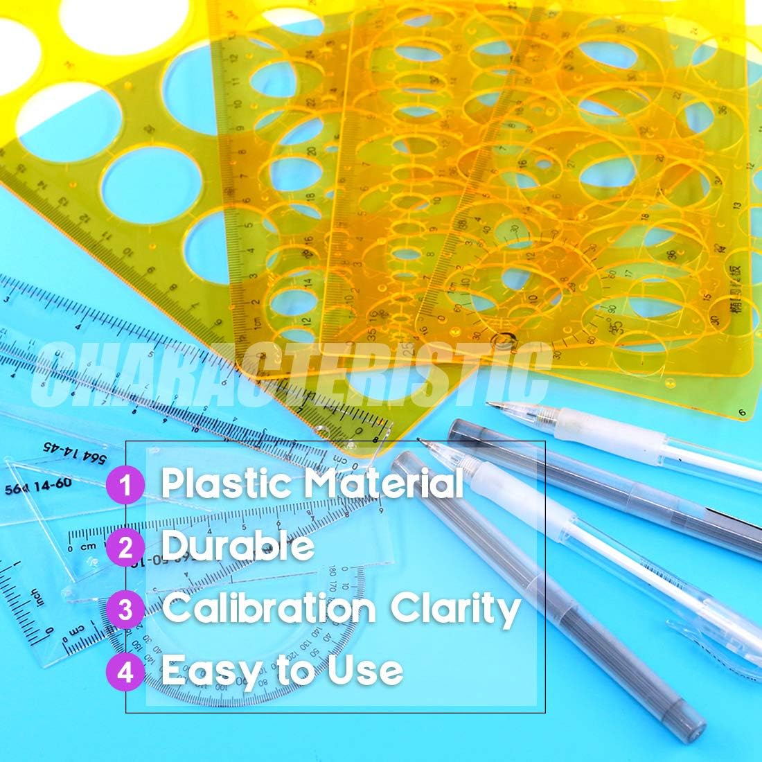 Swpeet 12Pcs Plastic Yellow Geometric Drawings Templates Kit, 4 Different Geometric Measuring Drawings Templates Stencils with 2Pcs Pencil and 4Pcs Measuring Ruler for Drawing Engineering Drafting : Office Products