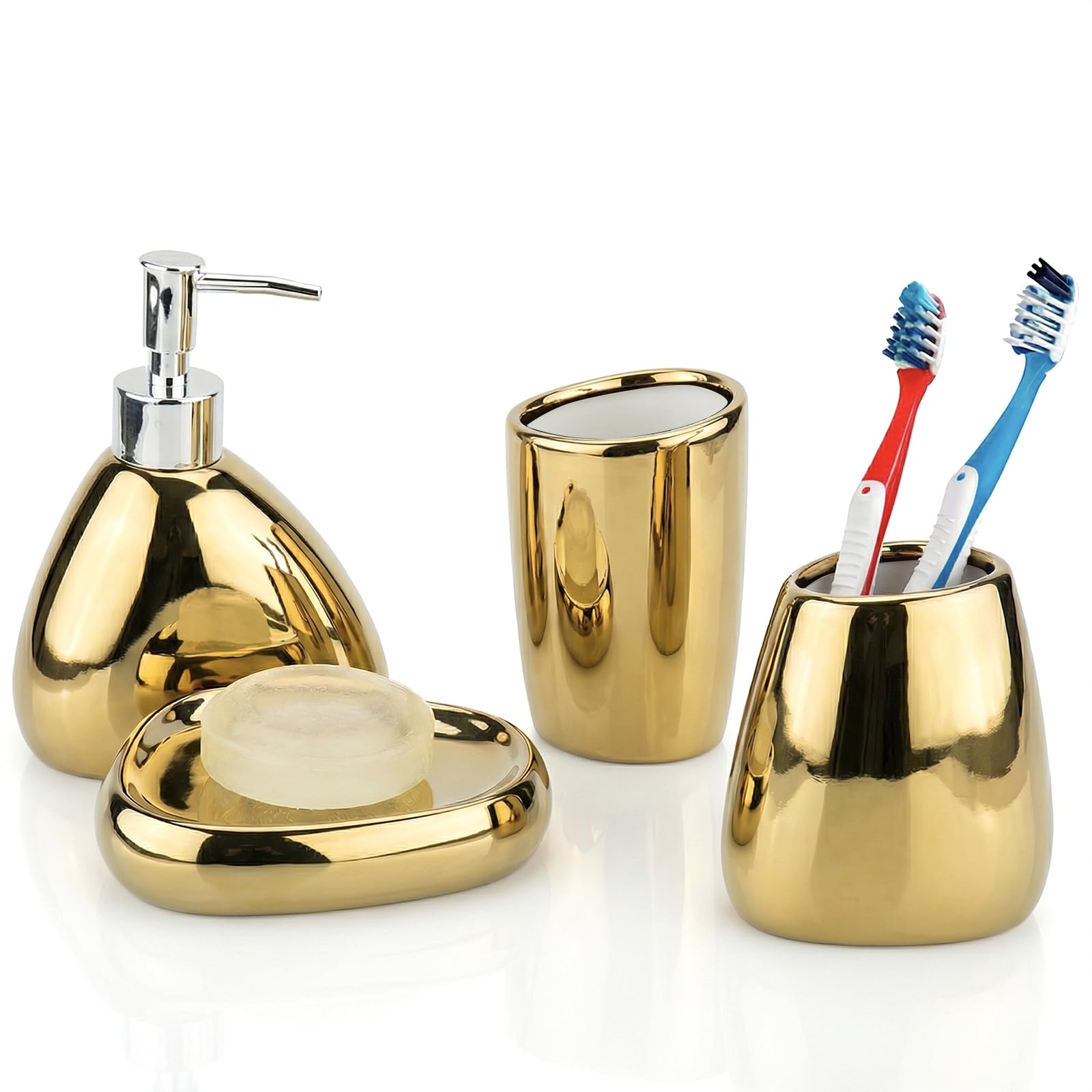 MyGift 4 Piece Modern Gold Ceramic Bathroom Accessory Set with Soap Dispenser, Tumbler, Toothbrush Holder & Soap Dish