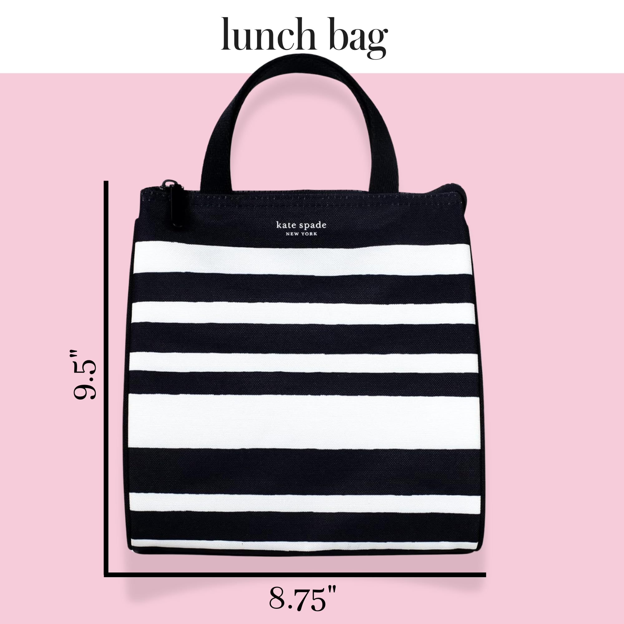 kate spade new york Black Portable Soft Cooler Lunch Bag, Thermal Tote with Silver Insulated Interior Lining and Storage Pocket, Sarah Stripe
