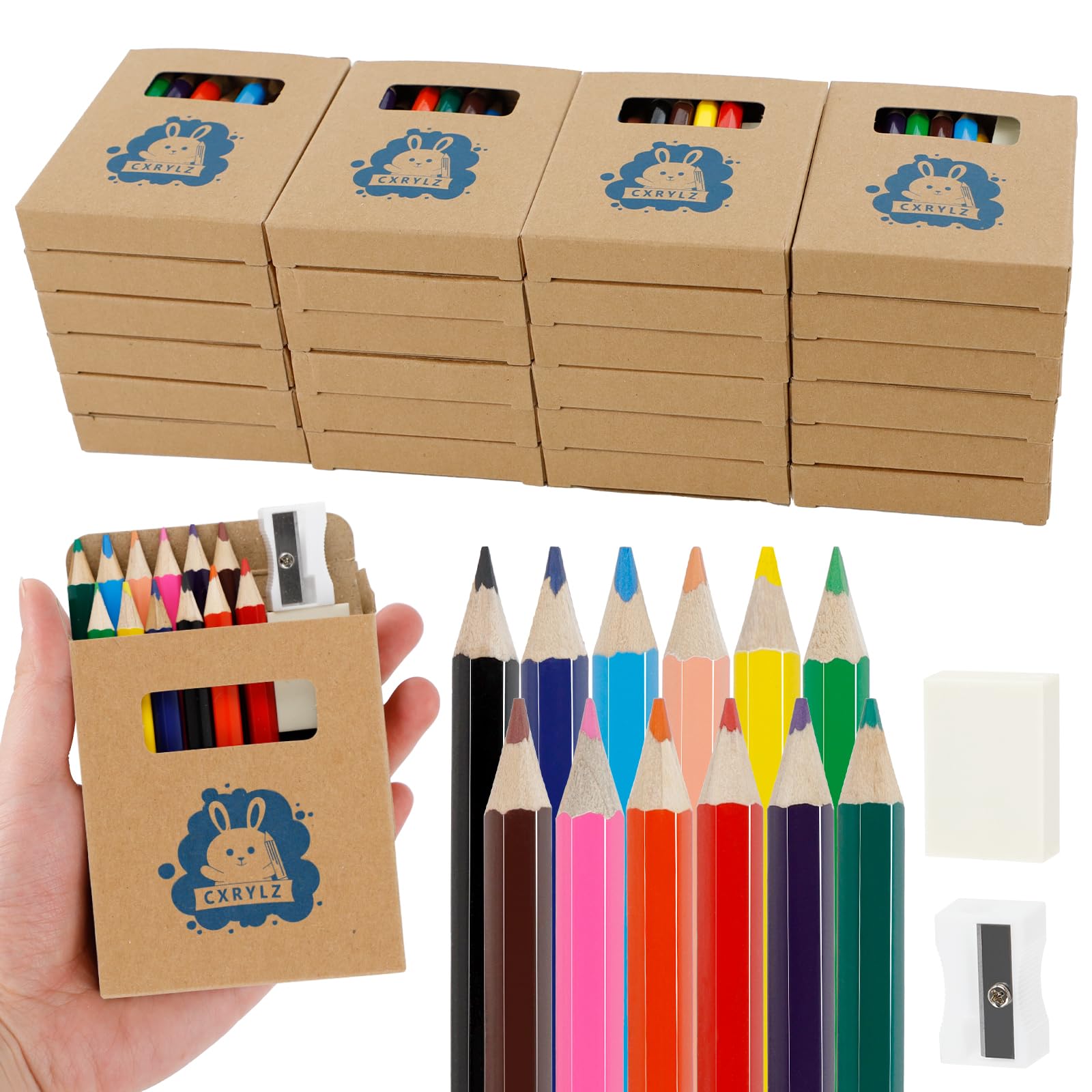 CXRYLZ 24 Pack Colouring Pencils for Children, 12 Mini Coloured Pencils with Sharpener and Eraser Set, Multipack Colour Pencils Bulk for Kids Adults Party Bags Classroom Gifts Artist Sketching