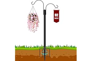 Ottsuls Double Shepherds Hooks for Outdoor, 92 Inch Bird Feeder Pole with 5 Prong Base, Upgrade 1 INCH Thick Heavy Duty Planter Hook for Hanging Baskets, Lantern,1 Pack