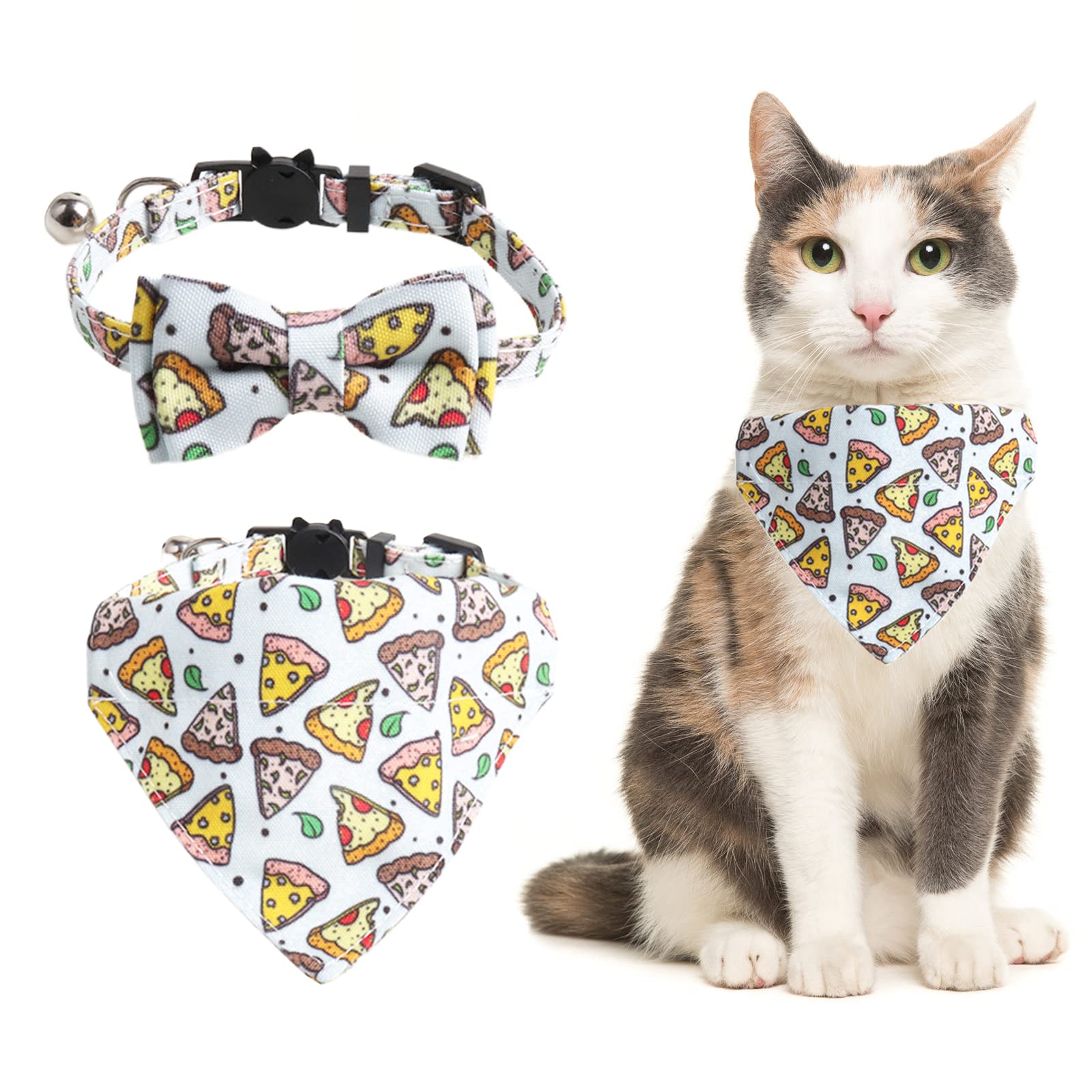 HACRAHO Bow Tie Cat Collar Bandana, 2 Pieces Cat Collar Breakaway with Cute Bow Tie and Bell Adjustable Kitten Collar With Removable Bowtie for Kitty and Puppies, Pizza