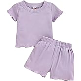 Dimoybabe Toddler Baby Girl Summer Clothes Ribbed Knit Cotton Cute Summer Outfits Short Sleeves 2 Pieces Shorts Set 12M - 5T