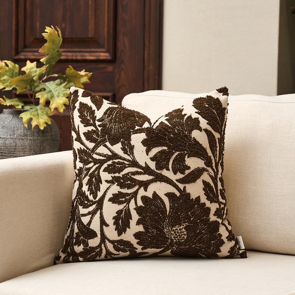 Photo 1 of Yangest Chenille Floral Pillow Cover 18 x18 Inches, Neutral Jacquard Square Throw Pillow Cover Soft Decorative Nature Accent Couch Pillow Cover for Living Room Bedroom, Coffee Brown