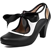 Elerhythm Women's Mary Jane Two Tone Lace Up Closed Round Toe Vintage Heels 1950s Pumps 1920s Victorian Retro Shoes