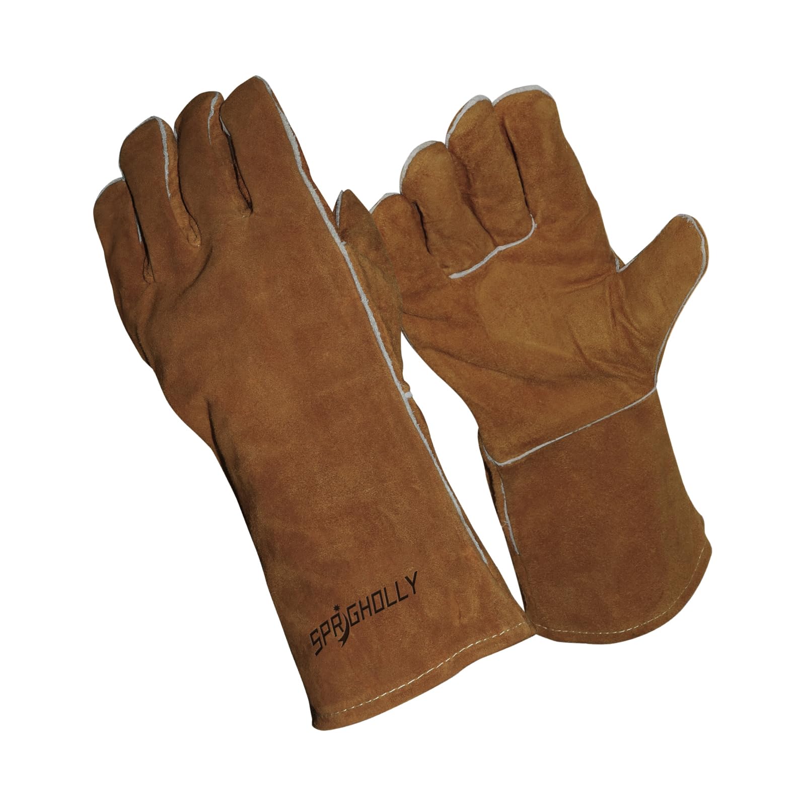 SPRIGHOLLY Welding Gloves, 36 CM/14 IN Leather Heat Resistant Gauntlets, Fireproof Barbecue Mitts for Tig, Mig, Stick Welder, Forge, Fireplace, Wood Stove, BBQ, Oven, Baking, Pot Holder