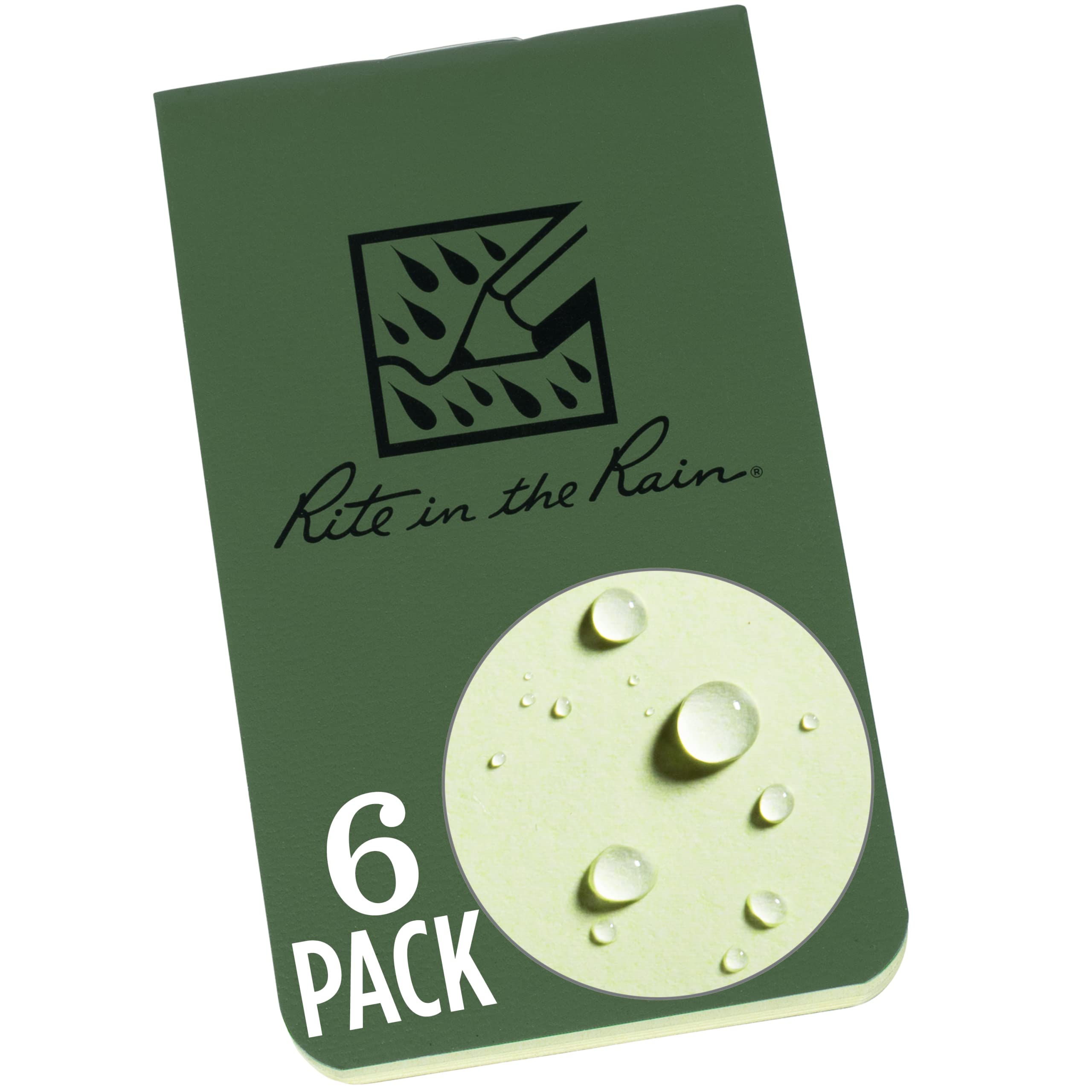 Rite in the Rain Weatherproof On The Go Wallet Notebook, 2" x 3.375", Green Cover, Blank Pages, 6 Pack (No. OTG971L)