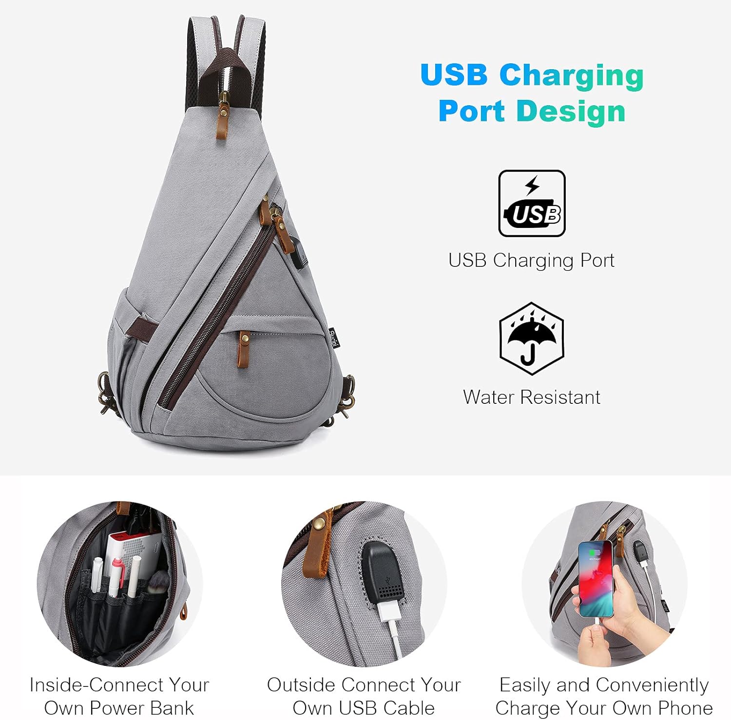 Canvas Sling Bag Backpack Crossbody Bag Backpack Chest Shoulder Bag for Men with USB Charging Port Grey