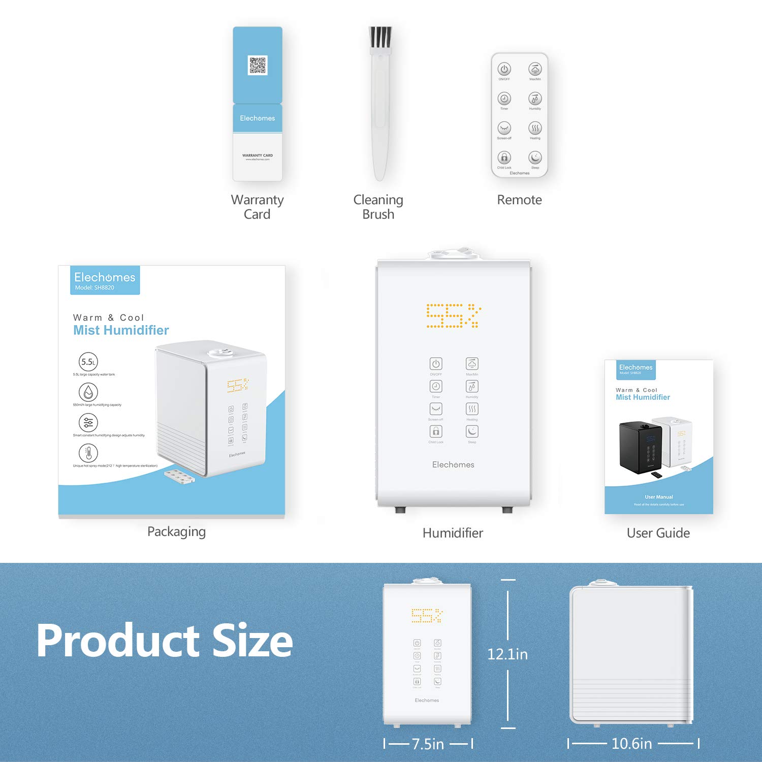 Elechomes SH8820 Ultrasonic Top Fill Humidifier 5.5L Vaporizer Warm and