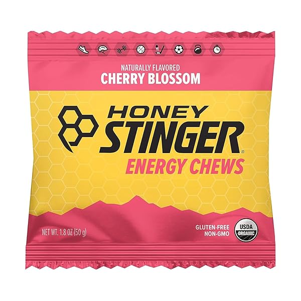 HONEY STINGER ORGANIC CHERRY BLOSSOM ENERGY CHEW, GLUTEN FREE & CAFFEINE FREE, FOR EXERCISE, RUNNING AND PERFORMANCE, SPORTS NUTRITION FOR HOME & GYM, PRE AND MID WORKOUT, 21.6 OUNCES (PACK OF 12)