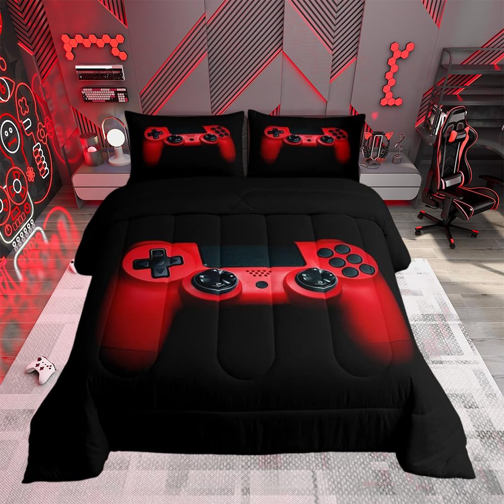 Gamer Bedding Set Black Red Gaming Duvet for Teens Boys Video Game Gamepad Duvet Insert Game Controller Duvet Set 1 Duvet Insert + 1 Pillowcase(Single,2Pcs) — image 1