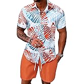 Yimoon Mens Summer Beach Vacation Outfits 2 Piece Tropical Short Sleeve Button Down Hawaiian Shirt and Shorts Set