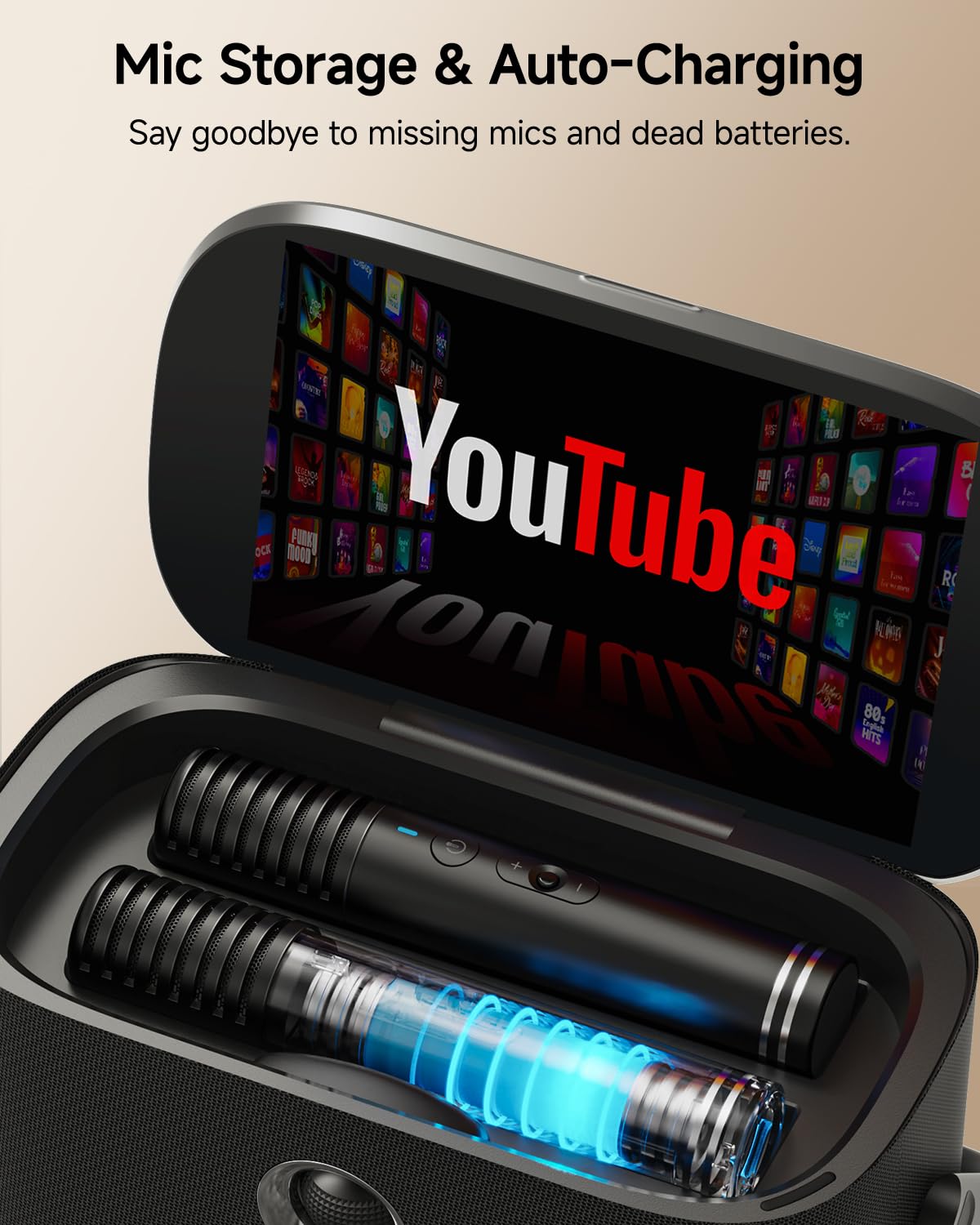 Ikarao Portable Karaoke Machine for Adults, Built-in Lyrics Display and Screen, 2 Self-Charging Wireless Microphones, Karaoke App, 140W Speaker, Connects to TV for Home Party Birthday Outdoor Camping