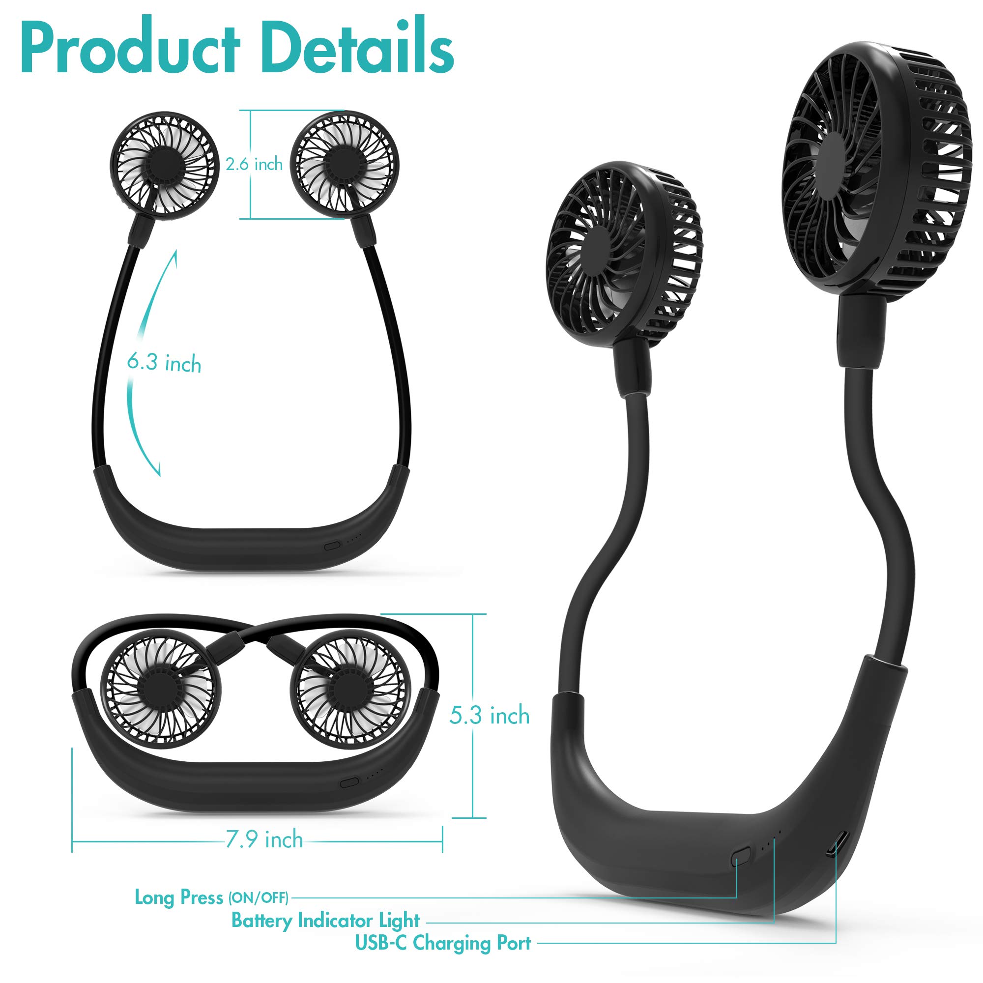 COMLIFE Portable Neck Fan, 5000mAh Rechargeable Battery Powered, 3 Speeds, 360°Adjustable, Double Cooling, Hands-Free Personal Wearable USB Neckband Fan for Home Office Outdoor Travel Sports