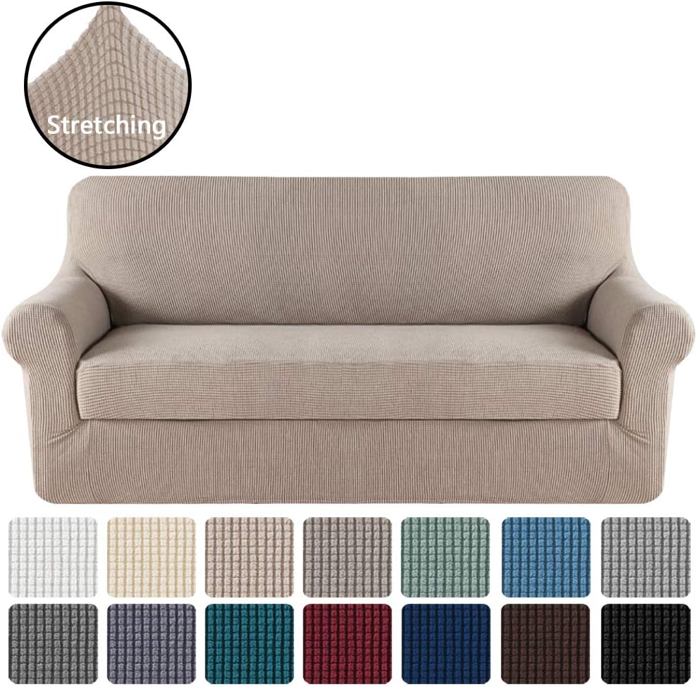 H.VERSAILTEX Stretch Sofa Covers 2 Piece for 3 Cushion Couch Covers Sofa Slipcovers Furniture Covers (Base Cover & Seat Cushion Cover) Feature Deluxe Textured Jacquard (Standard Sofa, Sand): Kitchen & Dining
