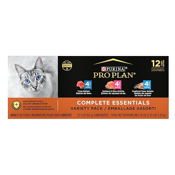 PURINA PRO PLAN HIGH PROTEIN WET CAT FOOD VARIETY PACK, COMPLETE ESSENTIALS SEAFOOD FAVORITES – (2 PACKS OF 12) 3 OZ. CANS