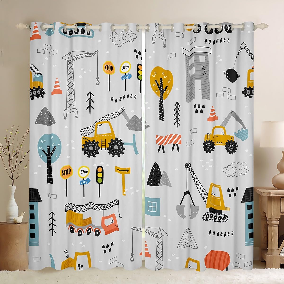 Homemissing Construction Vehicles Darkening Dreapes Equipment Trucks Curtains for Bedroom Living Room Kids Boys Decor Excavator Blackout Curtains Construction Site Cars Window Treatments W46*L54 — image 1