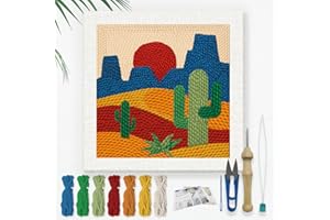 Doodlream Cactus DIY Punch Needle Embroidery Kit for Adult Beginner, 24cm Mountains Sunset Punch Stitching Craft Set for Star