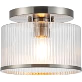 Zlepmlla Glass Ceiling Light, Clear Ribbed Glass Ceiling Light Fixture with Nickel Metal Frame, Modern Semi Flush Mount Ceiling Light for Hallway,Entryway, Bedroom, Bathroom, Kitchen