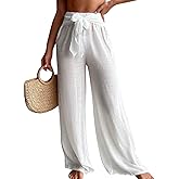 RoseSeek Women's Cover Up Beach Pants Tie Front Mesh Wide Leg Loose Bathing Suit Beach Cover Up Pants