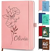 SIMIEEK Personalized Leather Notebook Custom Birth Flower Journal with Engraved Name Text Logo, Customized Birthday Office Business Gifts for Women Men Students Teacher