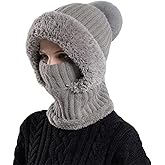 Women’s Knitted Beanie Hat with Face Cover - 3 in 1 Winter Balaclava with Mask Scarf Ear Muffs Pompom Fleece Lined Snow Caps