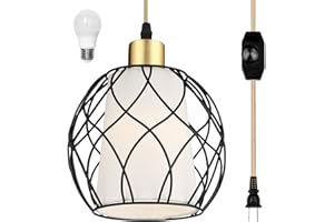 Cinkeda Plug in Pendant Light, Black Farmhouse Hanging Lights with Linen Shade, 15ft Golden Cotton Cord, Industrail Ceiling Lamp with Dimmable Switch, for Kitchen Island Living Room (Bulb Included)