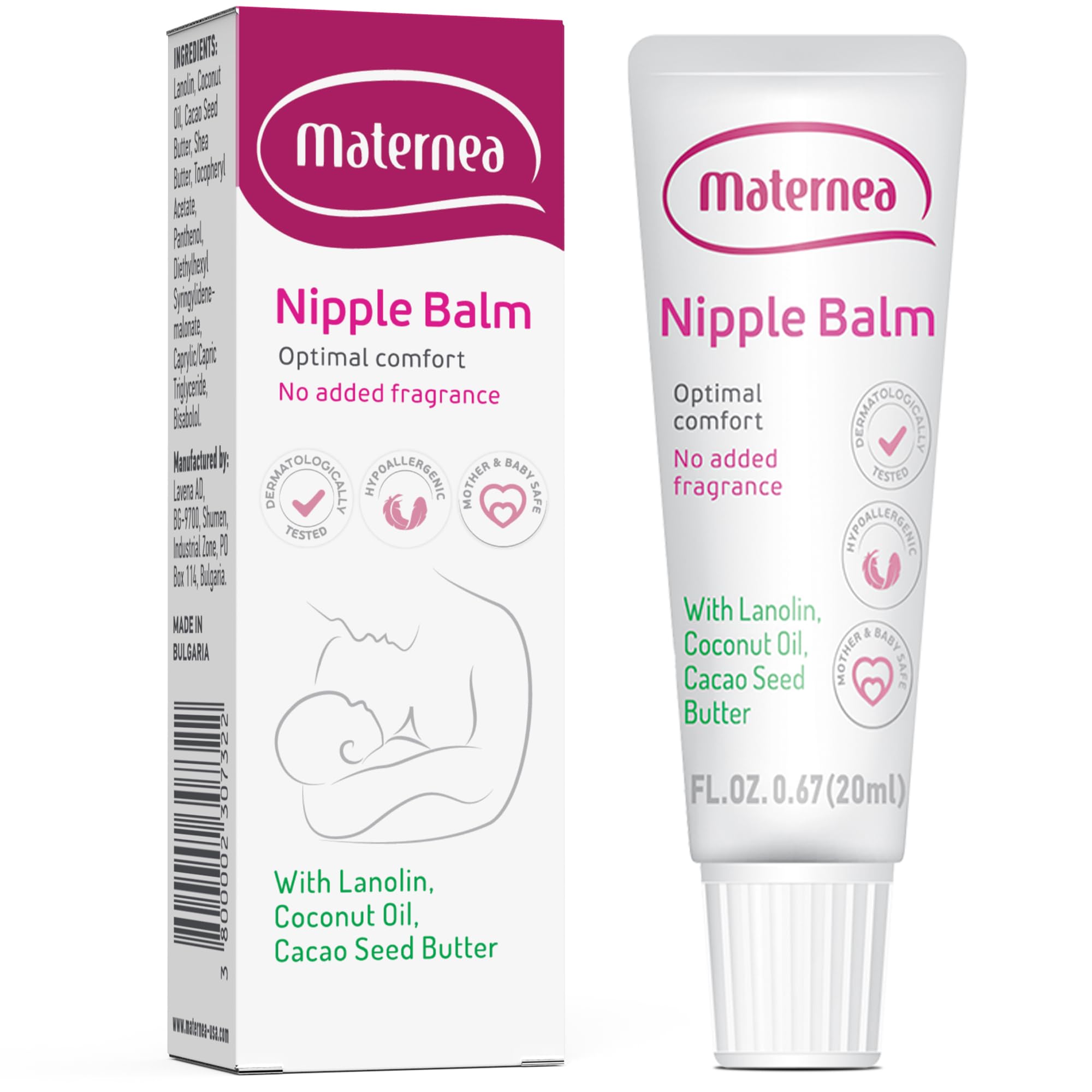 MATERNEA Nipple Balm - Pregnancy Essential with Lanolin, Cocoa Butter, Coconut Oil, & Shea Butter - Skin-Safe & Perfume-Free - Soothing Nipple Balm Breastfeeding Care (20ml)