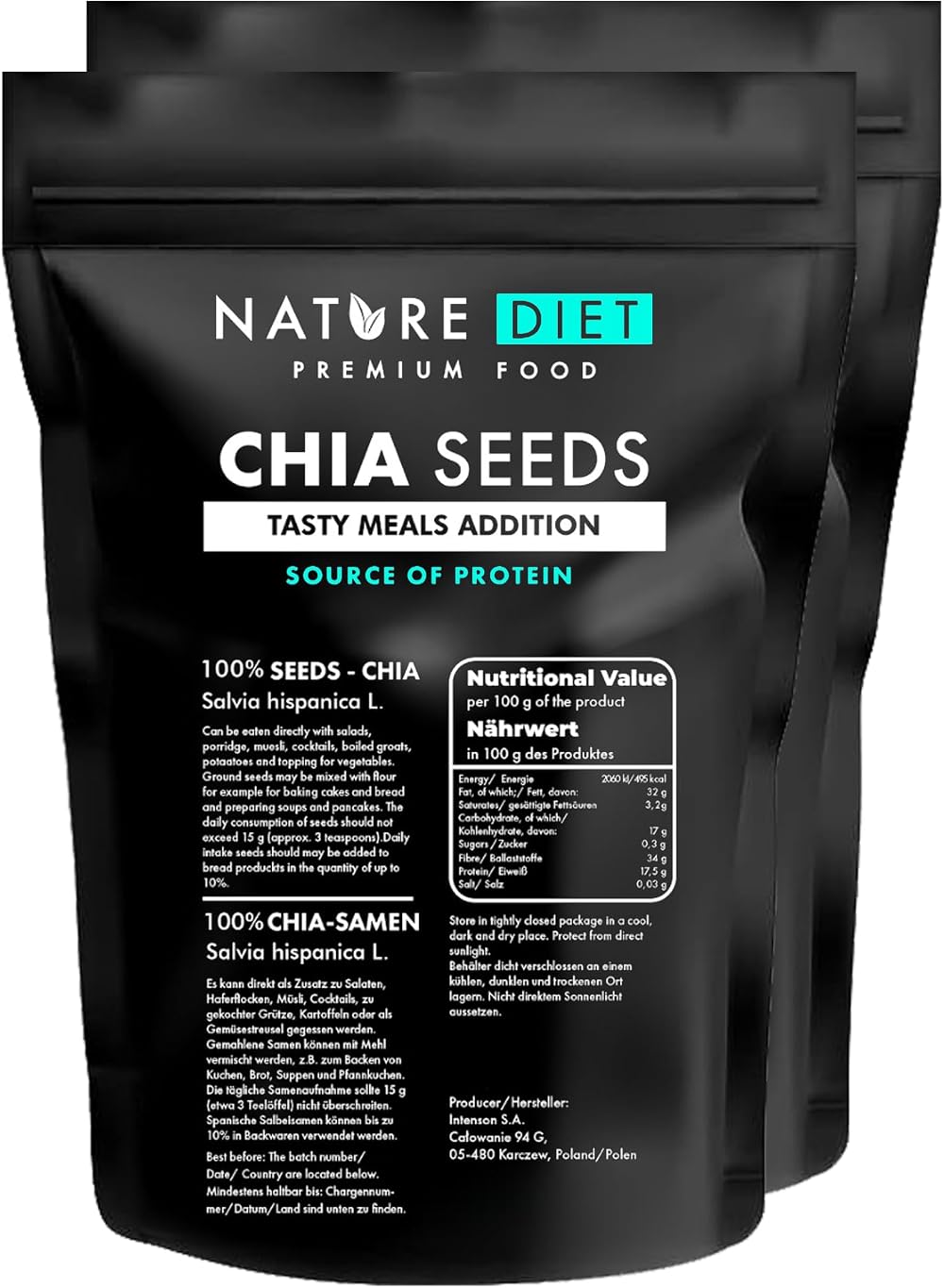 Nature Diet Chia Seeds 2x1000 g Salvia Hispanica High in Omega-3 Fiber