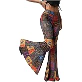 SOLY HUX Women's Retro Bell Bottom Pants High Waisted Printed Skinny Flare Leg Trousers
