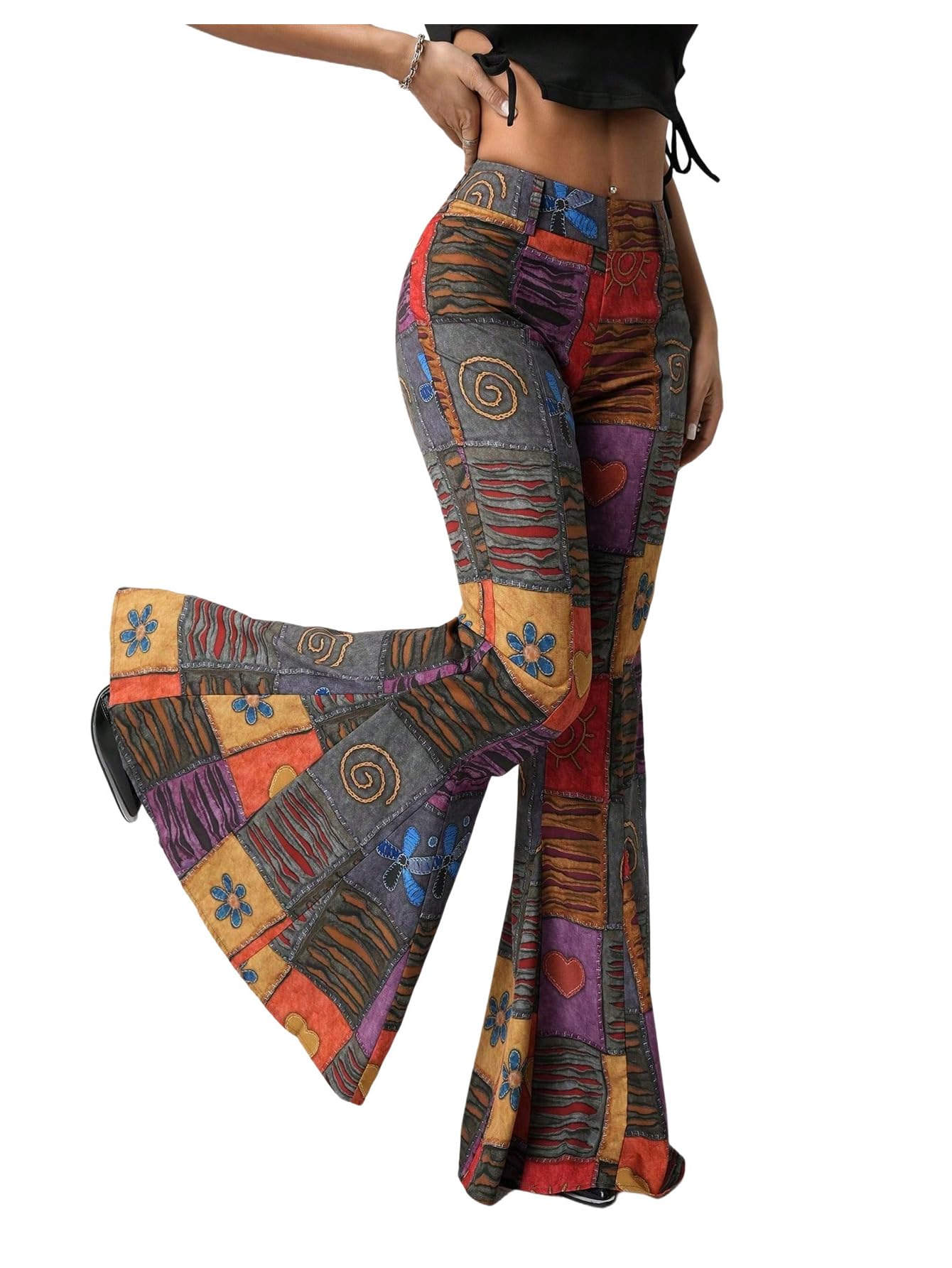 Photo 1 of SOLY HUX Women's Retro Bell Bottom Pants High Waisted Printed Skinny Flare Leg Trousers Multicolor X-Large