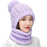 HUAMULAN Women Winter Beanie Hats One Piece Fleece Lined Knit Balaclavas Mask Set Skull Neck Circle Scarf Ski Snow Hat Pompom