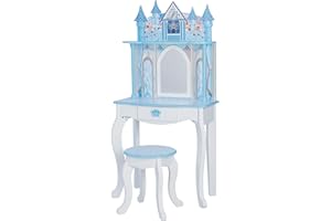 Teamson Kids Dreamland Princess Play Vanity Set with Mirror, Shelf, Storage Drawer, Stool, and Accessories for 12" Dolls, White and Blue