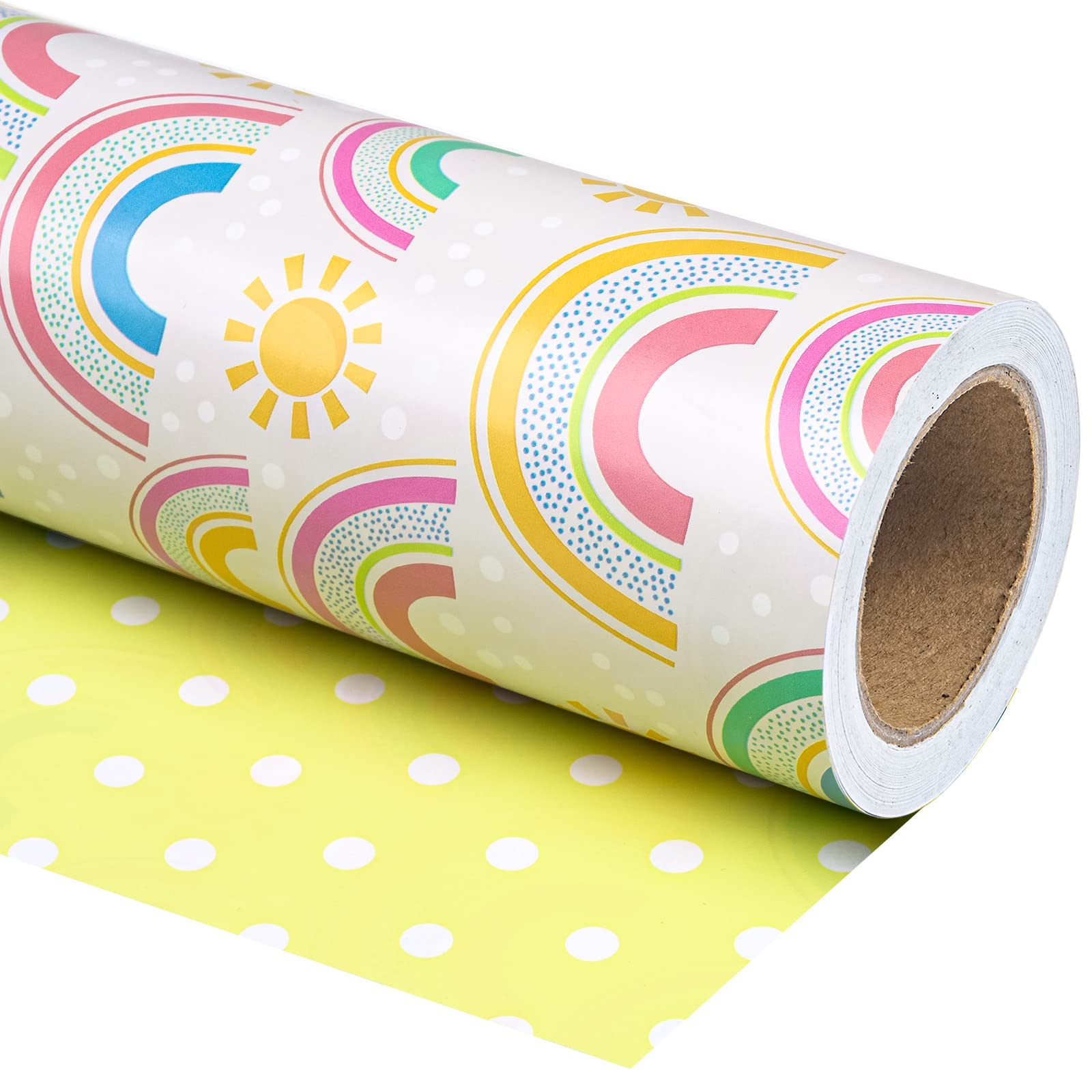 WRAPAHOLIC Jumbo Reversible Baby Shower Wrapping Paper - 30 Inch x 100 Feet - Rainbows and Polka Dot Design for Neutral Baby Shower, Boys Girls Kids Birthday Image