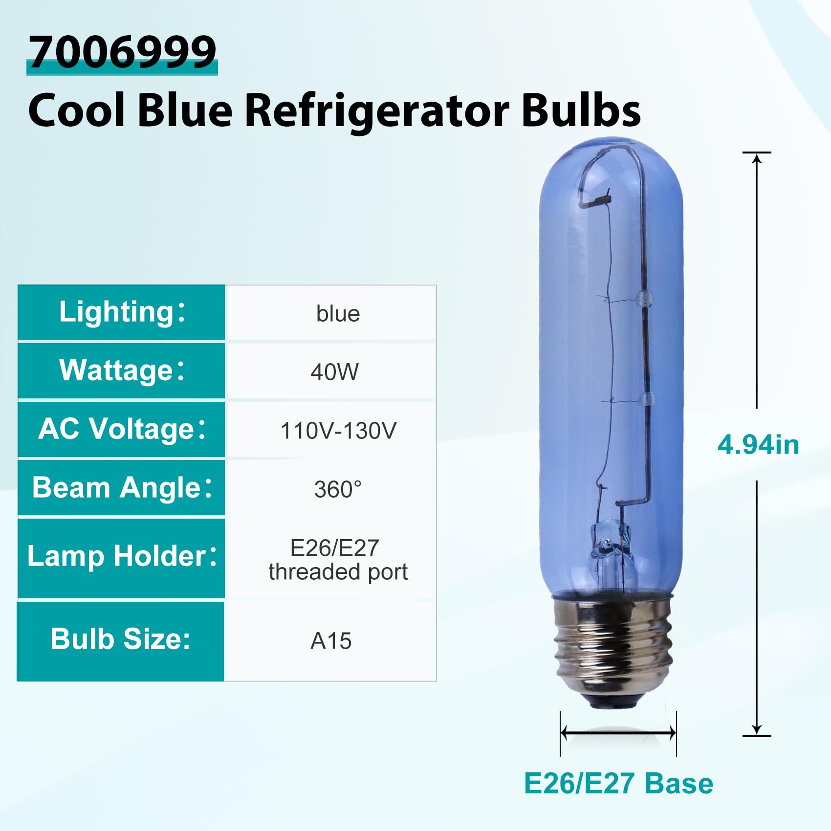 Upgrade 7006999 Blue Glass Replacement Bulb Compatible with sub-Zero Refrigerator,7006999 Freezer Refrigerator Light Bulb E26 40W Cool Blue Bulbs - 4 Pack