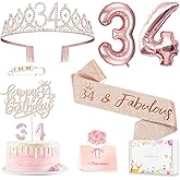Awfrky 34th Birthday Decorations for Her Women, Including 34 year old Birthday Cake Topper, Queen Sash with Pearl Pin, Sweet Rhinestone Tiara Crown, Number Candles and Balloons Set, Rose Gold