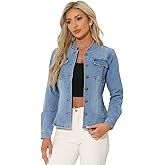 Allegra K Casual Denim Jacket for Women's Classic Stand Collar Long Sleeve Jean Jacket