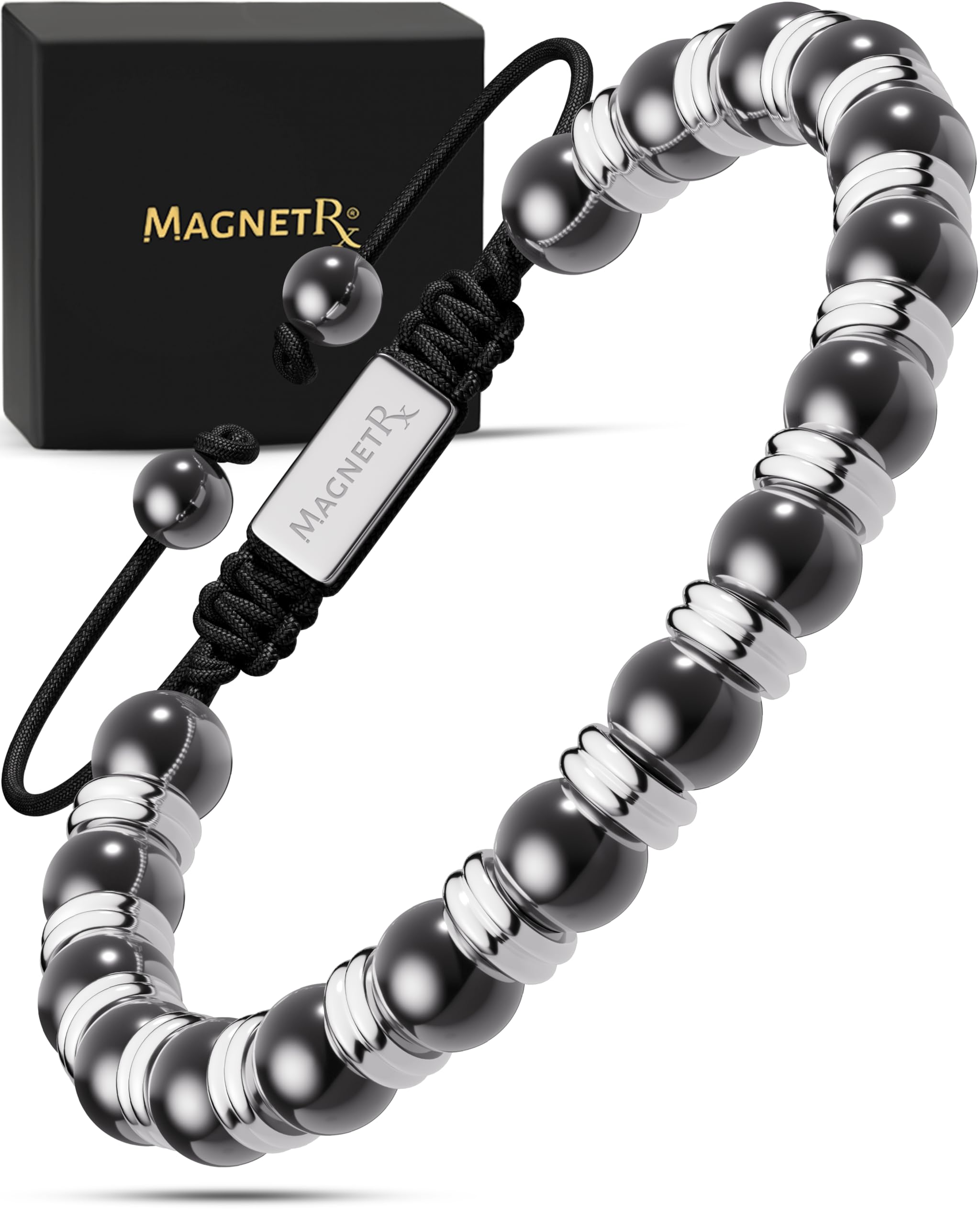 MagnetRX® Magnetic Hematite Bracelet – MAX Strength Magnetic Stones – Beaded Magnetic Bracelets for Men and Women (Silver Titan 8mm Bead)
