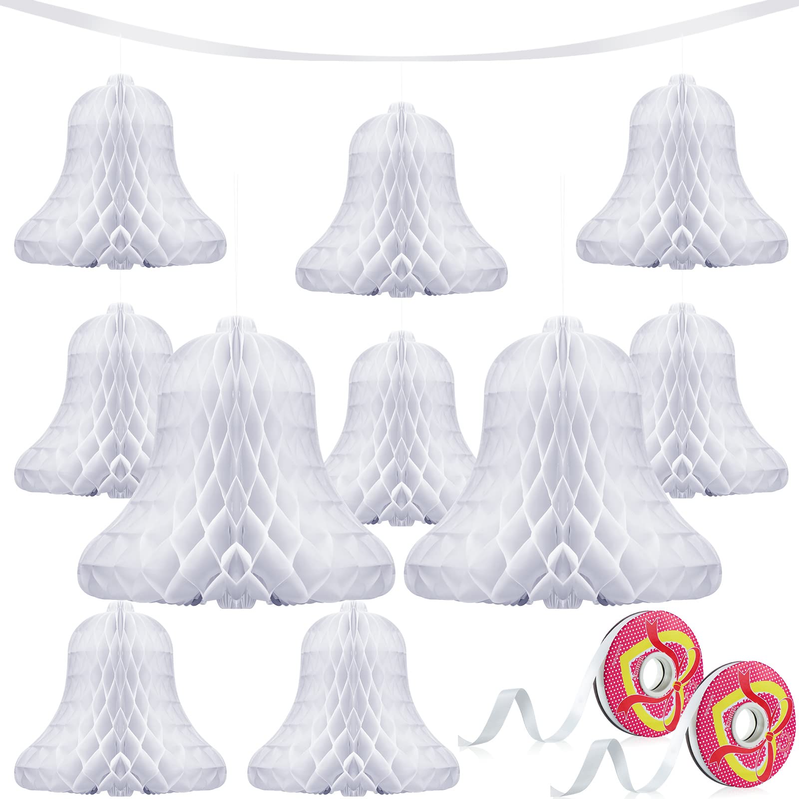 Photo 1 of 10 Pcs Wedding Bells Hanging Honeycomb Wedding Decorations Bridal Honeycomb Bells Decorating Supplies with 2 Rolls Ribbon for Reception for Weddings, Parties, 7.9 Inch,11.8 Inch(White)