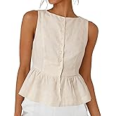 SKIKYAN Women's Linen Tank Top Sleeveless Ruffled Hem Peplum Top | Women Crewneck Linen Tanks, Casual Button Front Pleated Shirt, 2026 Summer Daily Wear, Versatile Blouse for Beach Vacation