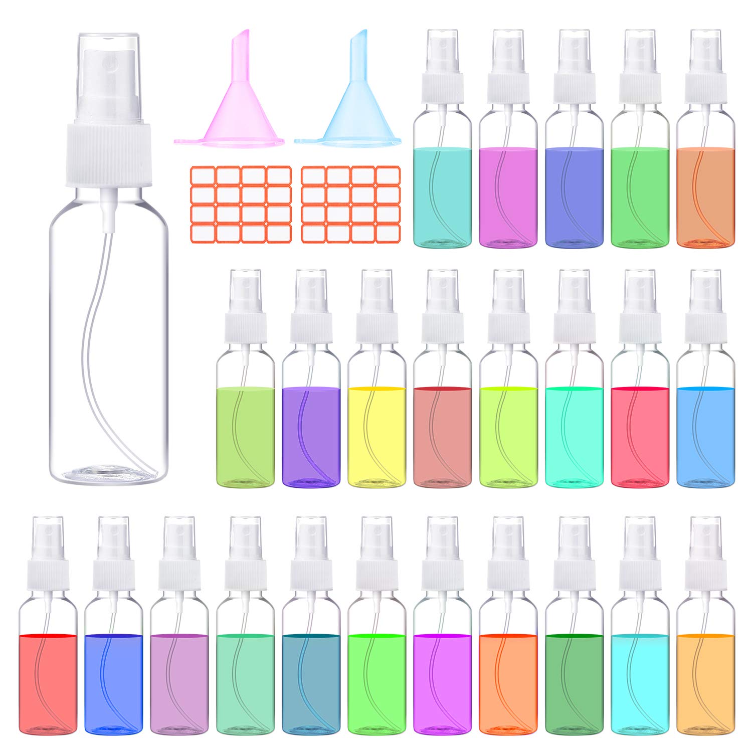 24 Pcs 1.7oz / 50ml Spray Bottles with 2pcs Funnels 32pcs Labels Clear Empty Mini Spray Bottles Refillable Container Pocket Size Sprayer Set Essential Oils Travel Cleaning Makeup Bottles Nearly 2oz : Beauty