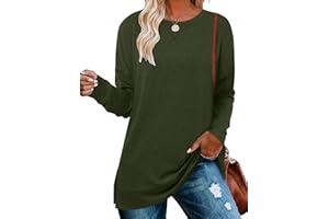 KISSMODA Women's Drop Shoulders Long Sleeve Sweatshirt Casual Winter Tops Crew Neck Tunic Sweatshirts with Side Slits S-3XL