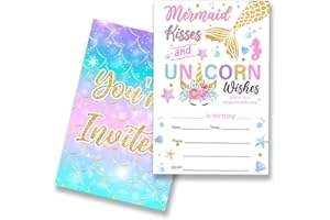 EUDOSI Unicorn Mermaid Birthday Party Invitations Supplies Fill-In Set of 20 with Envelopes Kisses and Unicorn Wishes Birthday Bash Invites Cards, Double Sided